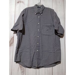 Nautica Shirt Men's Large Navy‎ Yellow Button Front Short Sleeve